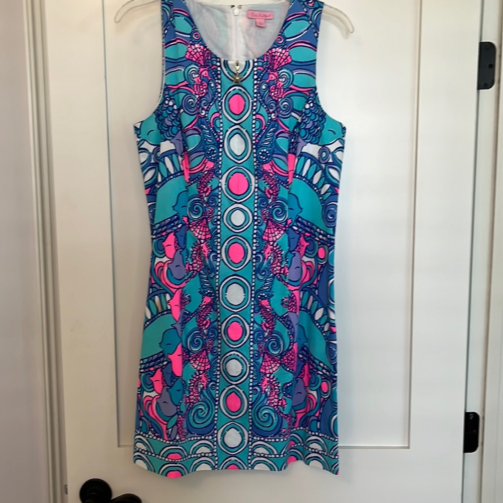 Lilly Pulitzer Seahorse pattern dress with starfish front zipper